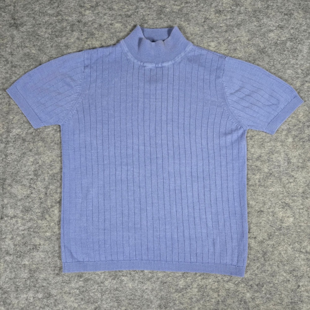 August Silk Womens Blue Ribbed Mock Neck Short Sleeve Silk Knit Sweater Top S
